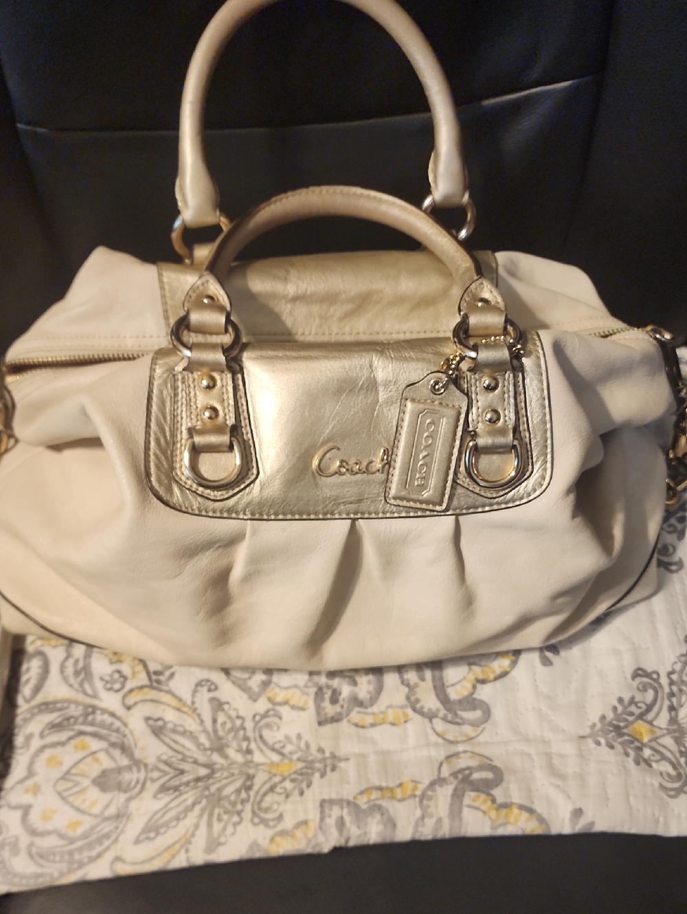 Coach Cream Leather Ashley Satchel with Gold Accents